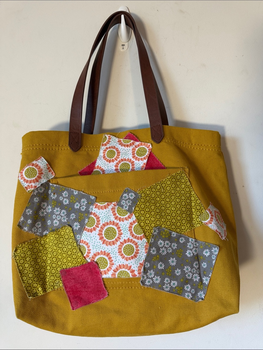 Mustard Patchwork Canvas Tote with Brown Handles